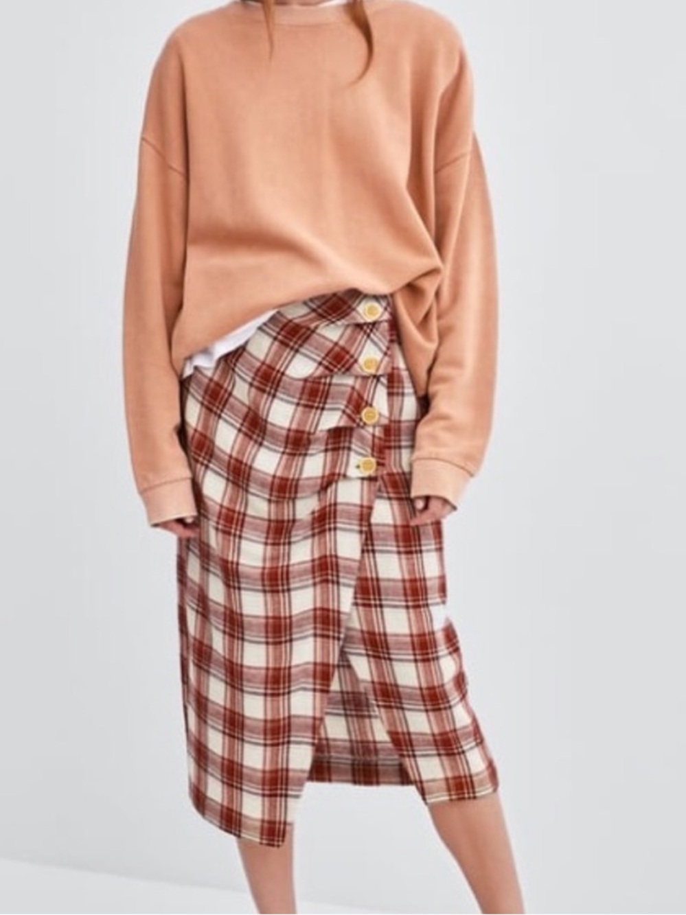 Zara Wool Blend Check Asymmetric Button-Detail Slit Midi